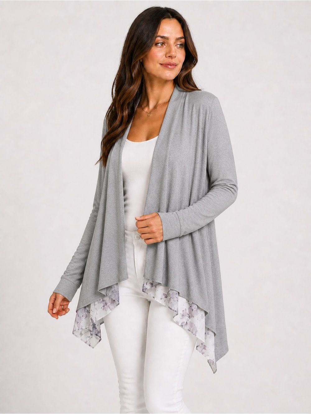 Simply Vera Wang Waterfall Cardigan Grey Chiffon Hem Drape Open Front Size M